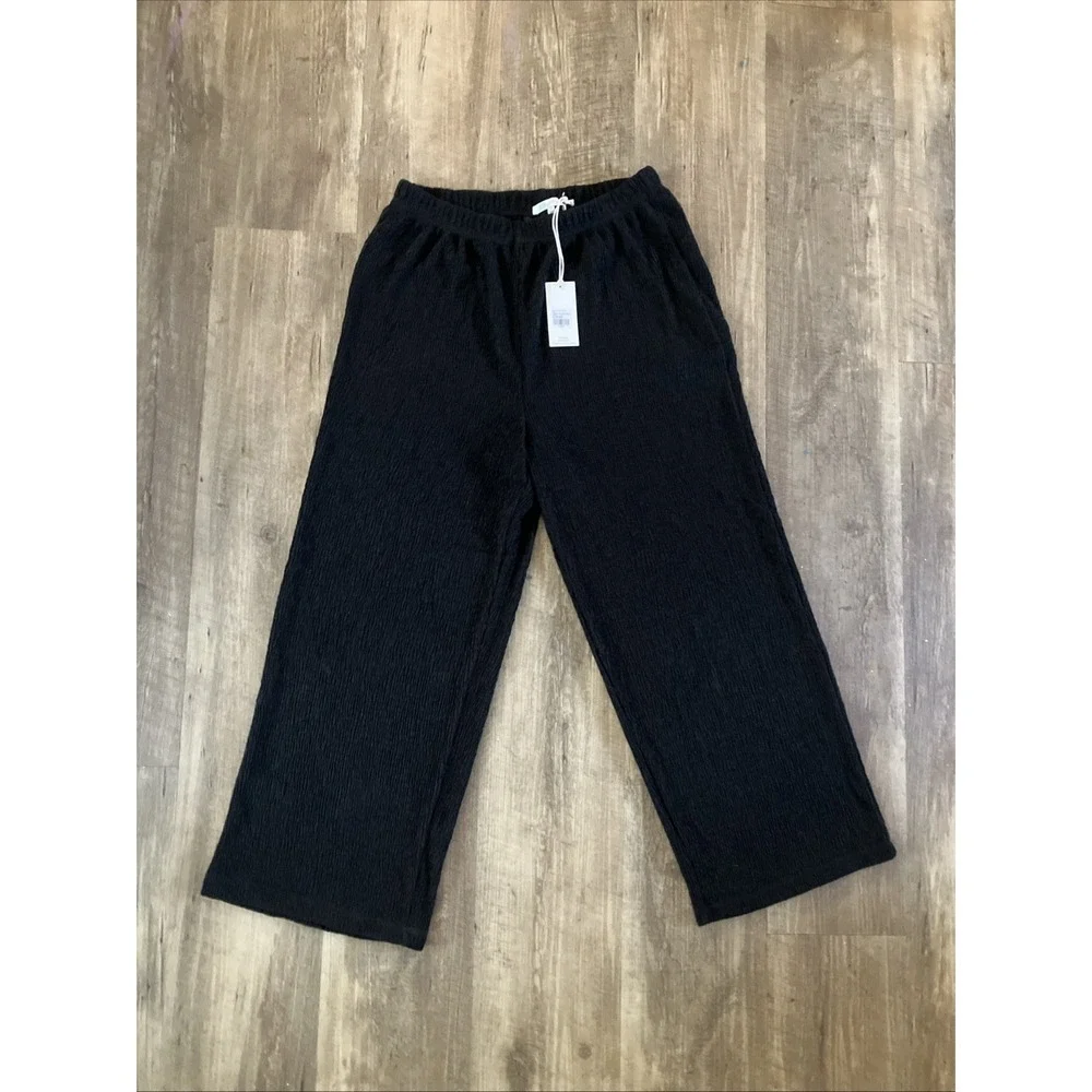 NEW Z Supply Women's Black Crinkle Wide-Leg Scout Pants Elastic Waist Solid S